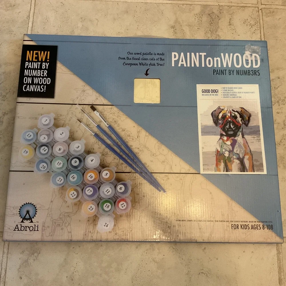 Abroli Good Dog Pug Paint By Number on Wood Canvas Kit 16x20 Acrylic Art Set NEW
